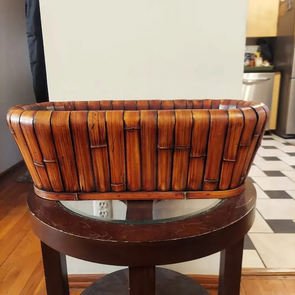 Vintage Mid Century Italian Rattan Bamboo & Wood Planter or Centerpiece Basket